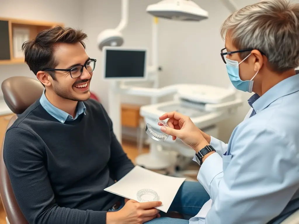 A dental professional applying AlignEX aligners on a patient in a modern clinic.