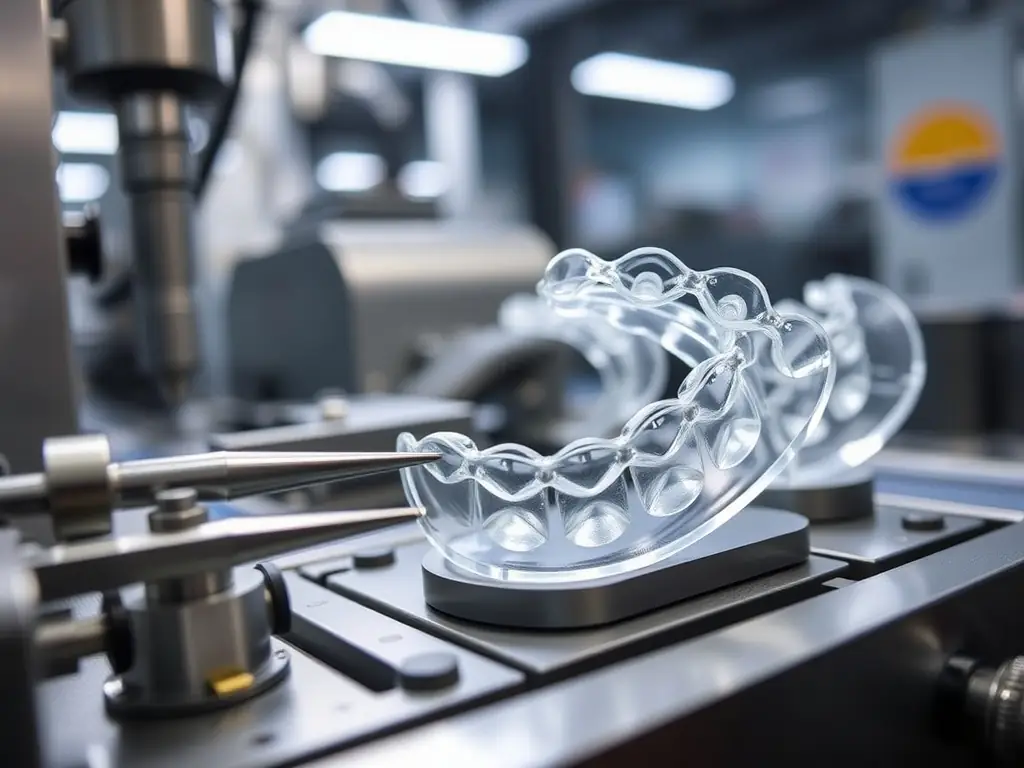 Close-up of AlignEX aligners with dental tools in the background.